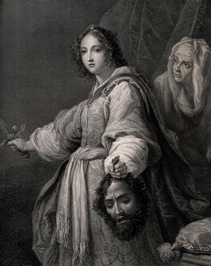 view Judith with Holofernes' head; her maid behind her. Line engraving after C. Allori.