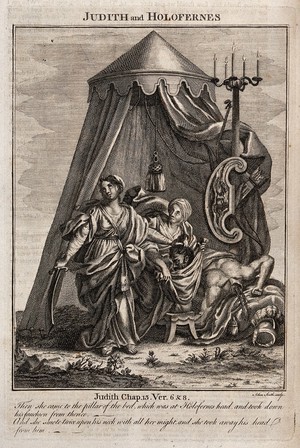 view Judith and her maid put the head of Holofernes into a bag. Engraving by A. Smith.