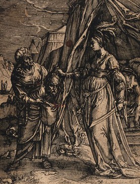 Judith puts the head of Holofernes into her maid's bag. Etching (?) after H. Goltzius.