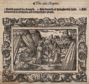 view Judith and her maid hide Holofernes' head. Woodcut.