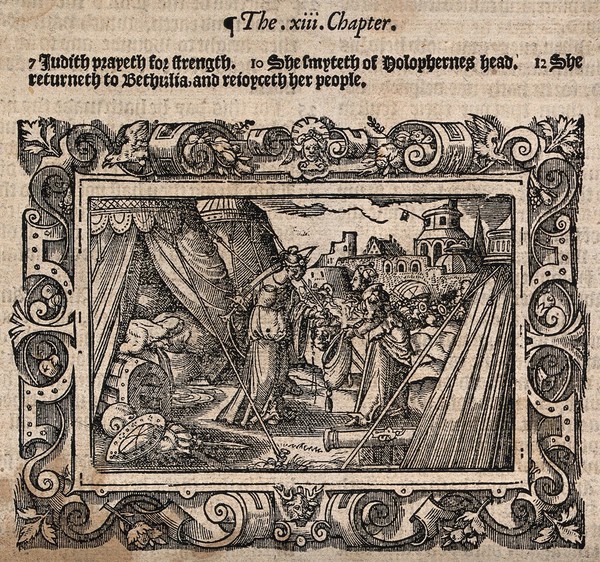 Judith and her maid hide Holofernes' head. Woodcut.