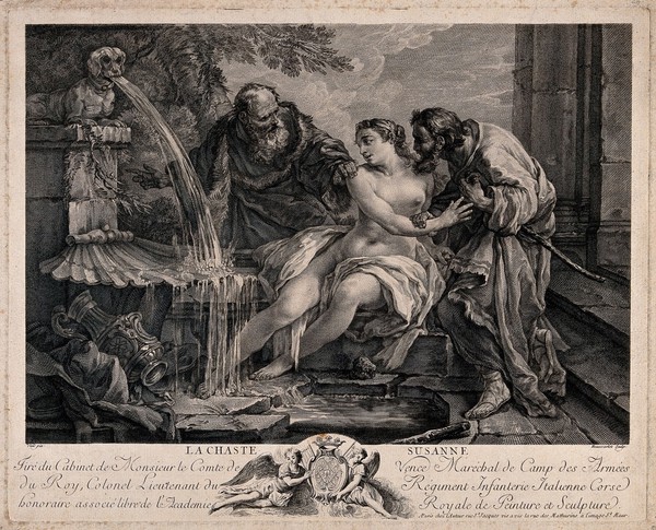 Susanna and the elders. Engraving by J-F. Beauvarlet after J-M. Vien.