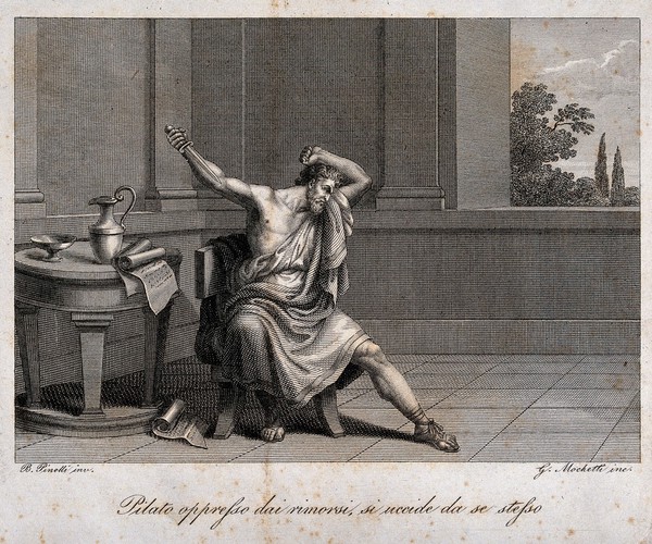 Pontius Pilate prepares to kill himself in remorse. Engraving by G. Mochetti after B. Pinelli.