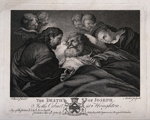 Joseph dies attended by Jesus and Mary. Engraving by Michel, 1780, after L. de Velasco.