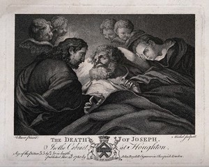 view Joseph dies attended by Jesus and Mary. Engraving by J.B. Michel, 1780, after A. Cano.