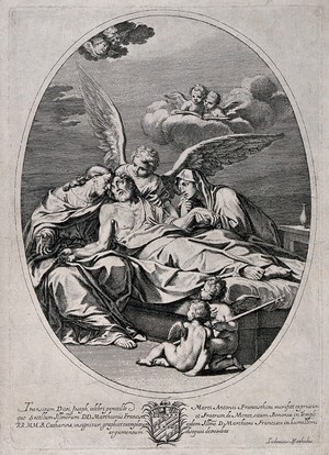 view The death of Joseph. Etching by L. Mattioli, c. 1720, after M.A. Franceschini.