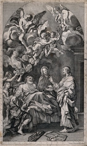 Jesus blesses Joseph as he dies. Engraving by C. Fantetti after C. Maratta.