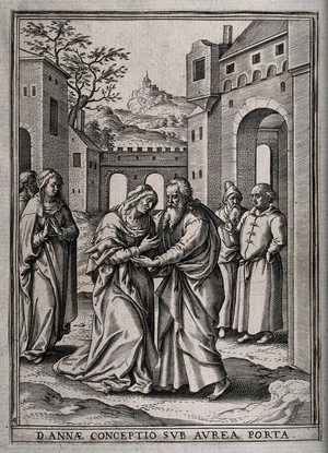 view The aged Anne, mother of the Virgin Mary, meets Joachim by the Golden Gate at Jerusalem. Engraving by H. Wierix.