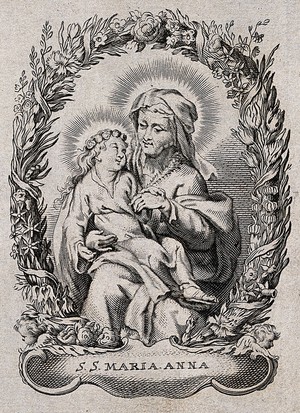 view Saint Anne with her child, the Virgin Mary. Engraving.