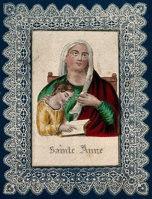 view Saint Anne with the young Mary. Coloured stipple engraving.