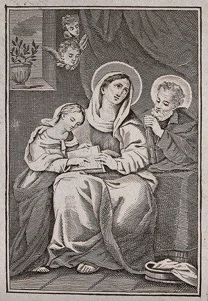 view Anne teaching the young Mary to read. Engraving by Catenacci.