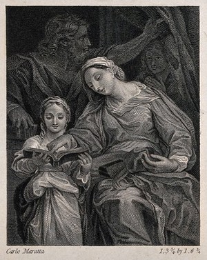 view Saint Anne teaching the young Mary to read. Engraving by W. Finden after W.M. Craig after C. Maratta.