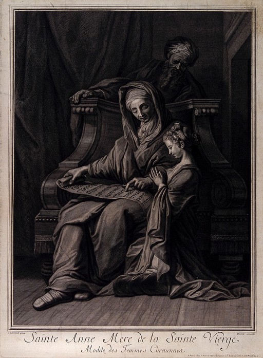 Saint Anne educates Mary while Joachim watches. Engraving by P. Drevet after J. Jouvenet.