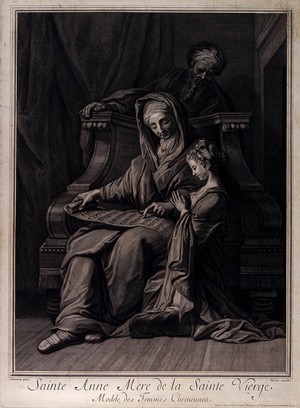 view Saint Anne educates Mary while Joachim watches. Engraving attributed to M. Dossier after J. Jouvenet.