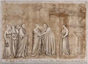 view The Visitation of the Virgin Mary to Elizabeth (?) Engraving by S. Mulinari, 1778.