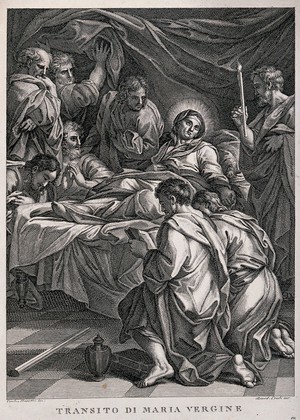 view The Dormition of the Virgin Mary, surrounded by the apostles. Engraving by B. Eredi after C. Maratta.