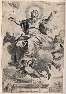 The Assumption of the Virgin Mary, borne by angels. Etching by C. Maratta after himself.