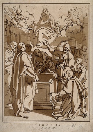 The apostles gathered around the empty tomb of Mary on her Assumption. Etching with aquatint by C.M. Metz after L. Cardi.