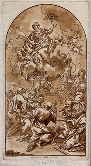 The apostles watch the Assumption of the Virgin. Etching by S. Pacini after A.D. Gabbiani.