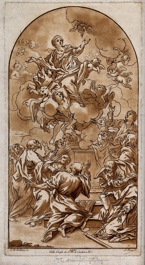 view The apostles watch the Assumption of the Virgin. Etching by S. Pacini after A.D. Gabbiani.