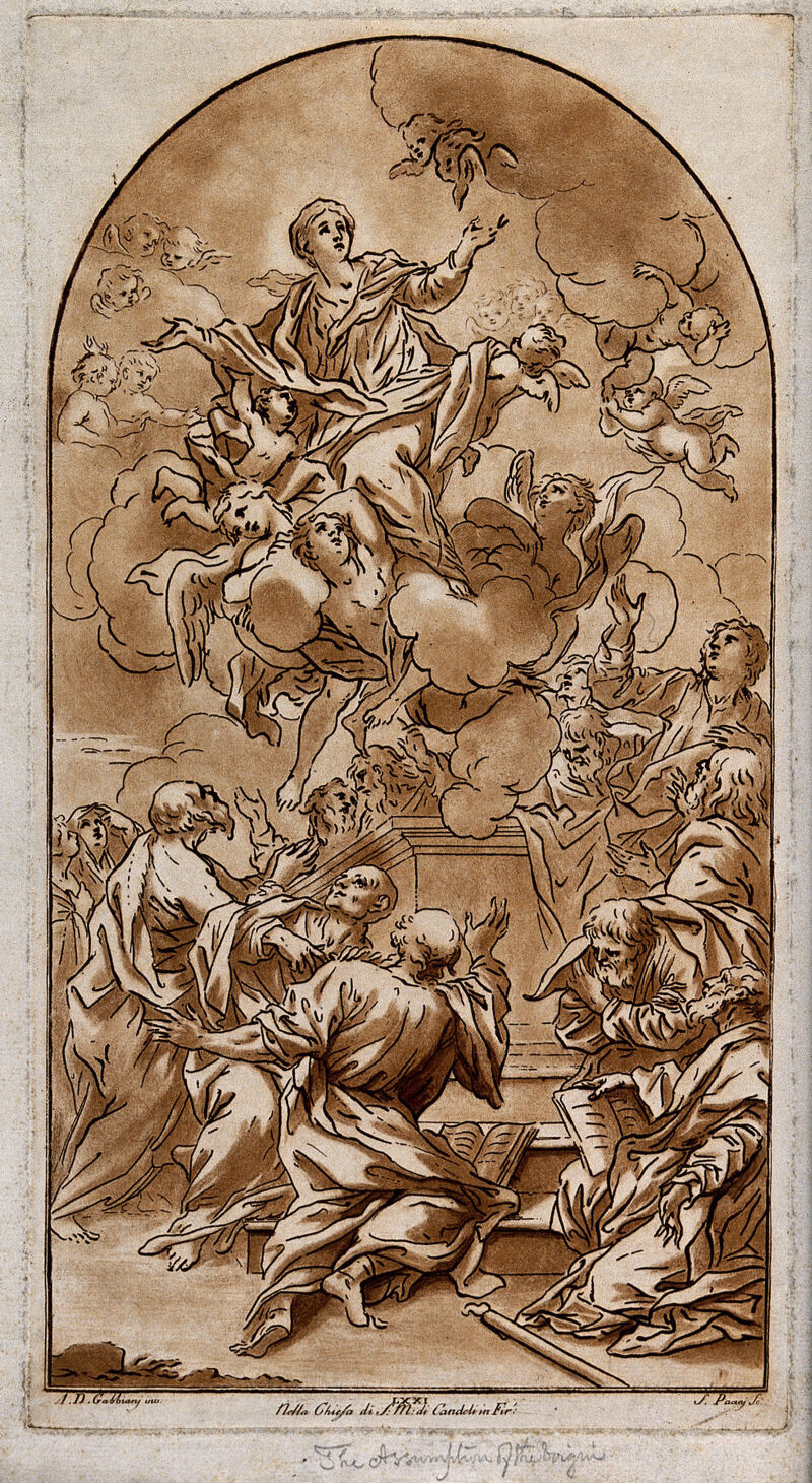 The apostles watch the Assumption of the Virgin. Etching by S. Pacini after A.D. Gabbiani., by Anton Domenico Gabbiani