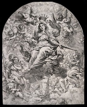 The coronation of the Virgin in Heaven. Etching by C. Schut.