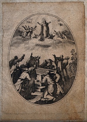 view The apostles around the empty tomb watch the Assumption of the Virgin. Engraving.