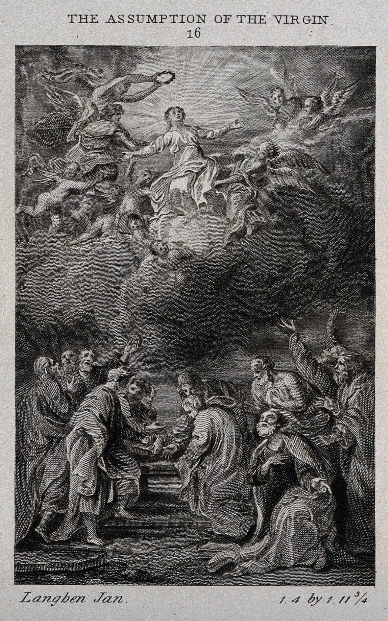 The apostles around the empty tomb watch the Assumption of the Virgin. Engraving after J. Boeckhorst., by Jan Boeckhorst