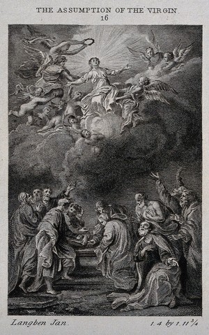 view The apostles around the empty tomb watch the Assumption of the Virgin. Engraving after J. Boeckhorst.