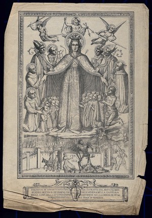 view The Virgin of Mercy responding to the intercessions of saints by protecting people from arrows symbolising disease; the Devil rules below, where plague attacks the land. Lithograph after L. Dottorini after Benedetto Bonfigli, 1464 (?).