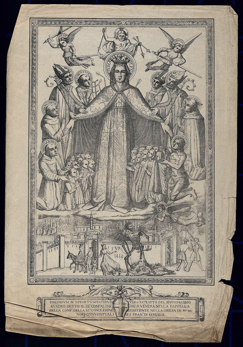 The Virgin of Mercy responding to the intercessions of saints by protecting people from arrows symbolising disease; the Devil rules below, where plague attacks the land. Lithograph after L. Dottorini after Benedetto Bonfigli, 1464 (?)., 1800-1899, by Benedetto Bonfigli