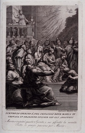 The Holy Spirit initiates the Pentecost. Engraving by A. Mochetti after N. Poussin (?).