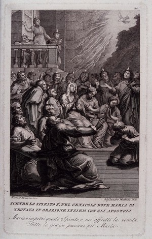 view The Holy Spirit initiates the Pentecost. Engraving by A. Mochetti after N. Poussin (?).