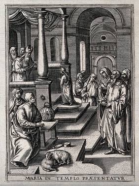 The presentation of the Virgin in the Temple. Engraving by H. Wierix.