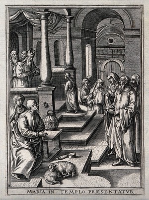 view The presentation of the Virgin in the Temple. Engraving by H. Wierix.