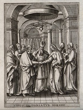 The marriage of Mary and Joseph. Engraving by H. Wierix.