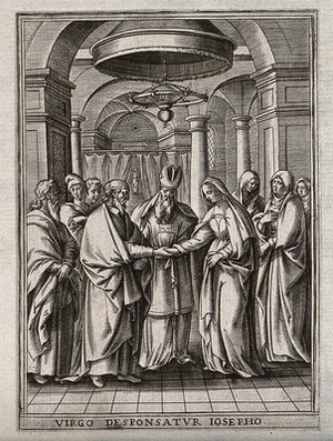 view The marriage of Mary and Joseph. Engraving by H. Wierix.