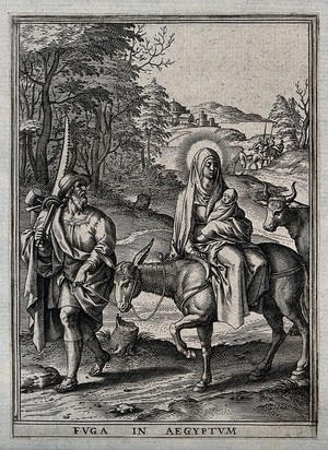 view Mary and Joseph ride to Egypt with the infant Jesus. Engraving by H. Wierix..