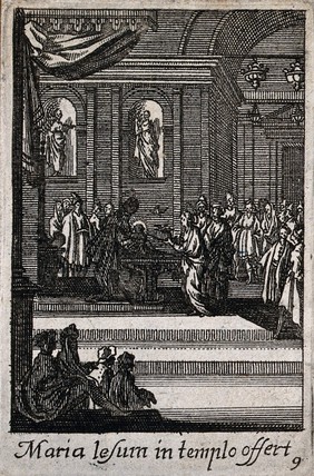 The presentation of Jesus at the Temple. Etching.