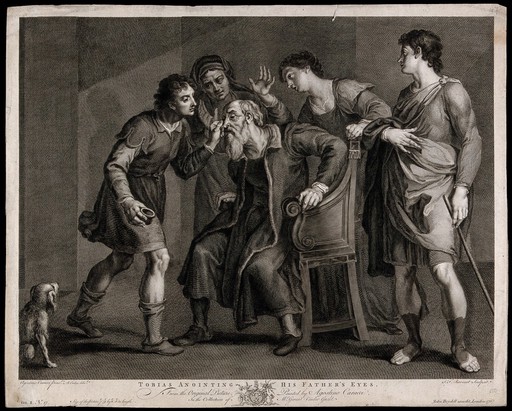 The hollow eyes of blind Tobit are anointed with fish gall by Tobias. Engraving by S.F. Ravenet, 1767, after R. Earlom after A. Caracci.