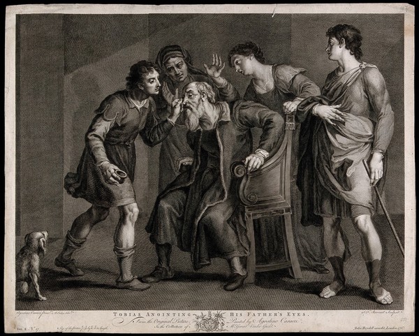 The hollow eyes of blind Tobit are anointed with fish gall by Tobias. Engraving by S.F. Ravenet, 1767, after R. Earlom after Agostino Carracci.