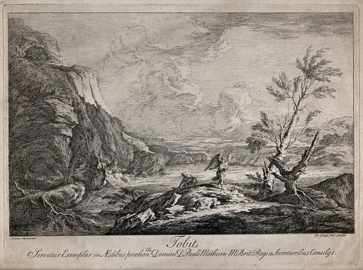 Tobit and the angel. Etching by J. Goupy after S. Rosa.