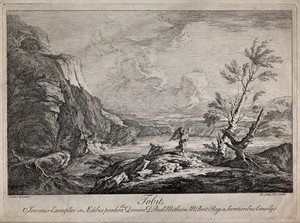 view Tobit and the angel. Etching by J. Goupy after S. Rosa.