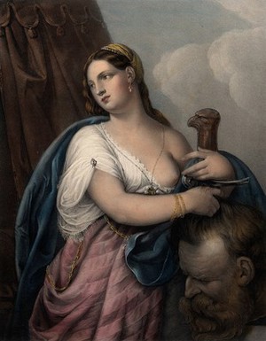 view Judith with a sword holding the head of Holofernes. Coloured lithograph by F. Hanfstaengel after A. Varotari, il Padovanino.