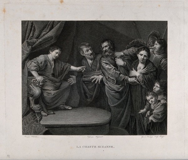 Susanna's innocence is proven by the young prophet Daniel. Engraving by E.G. Krüger after J-H. Fragonard after Valentin de Boulogne.