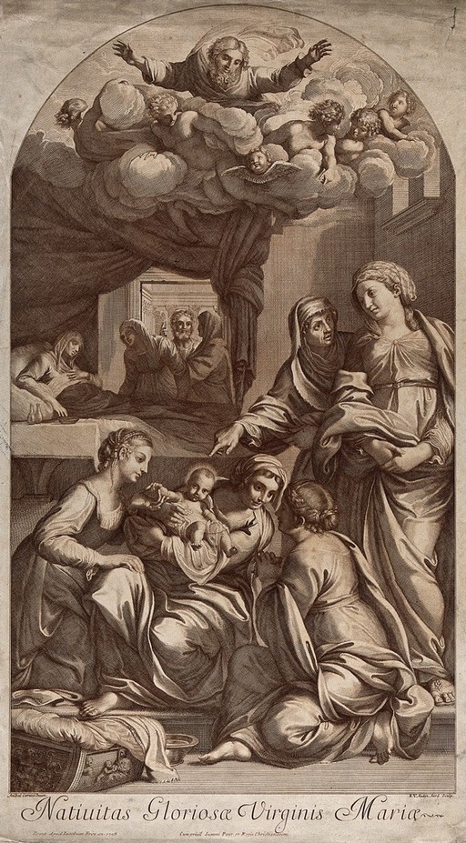 The birth of the Virgin Mary. Engraving by R.V. Audenaerd after A. Carracci.