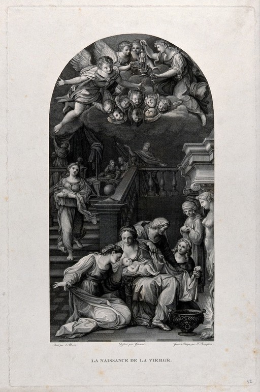The birth of the Virgin. Engraving by F. Rosaspina after Gianni after F. Albani.