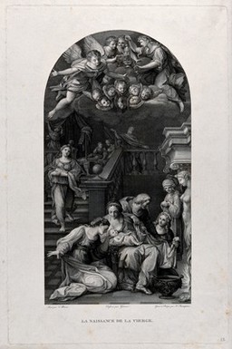 The birth of the Virgin. Engraving by F. Rosaspina after F. Giani after F. Albani.
