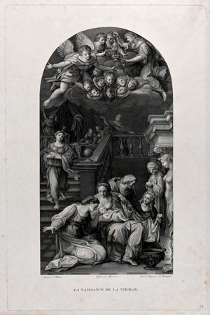 view The birth of the Virgin. Engraving by F. Rosaspina after F. Giani after F. Albani.