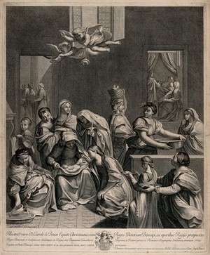 view The birth of the Virgin Mary in a wealthy household. Engraving by E. Picart after G. Reni.